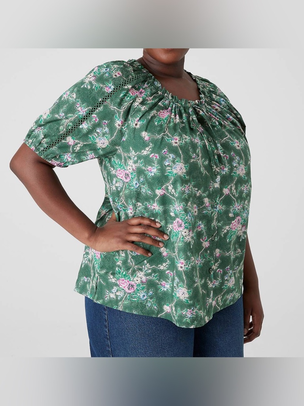 Lane Bryant Top Womens 18/20 (2x) Green Floral Short Sleeve Button Up Blouse